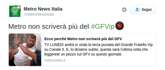 Metro News non scriverà più del Grande Fratello VIP